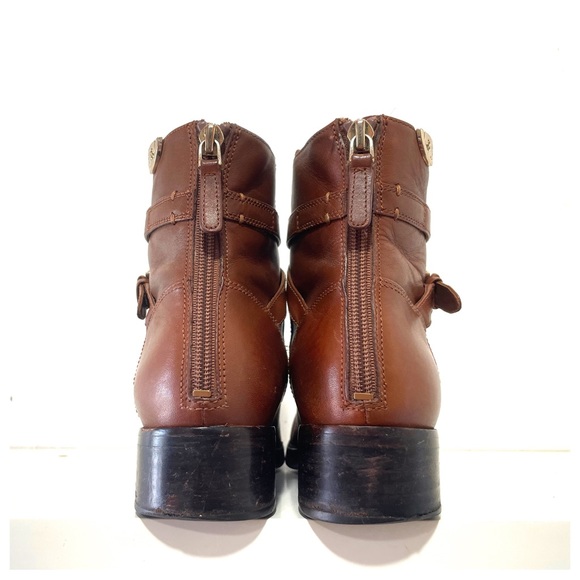 Tory Burch Sidney Low Heel Leather Ankle Bootie in Penny Brown Golden Logo Boots - Picture 3 of 13